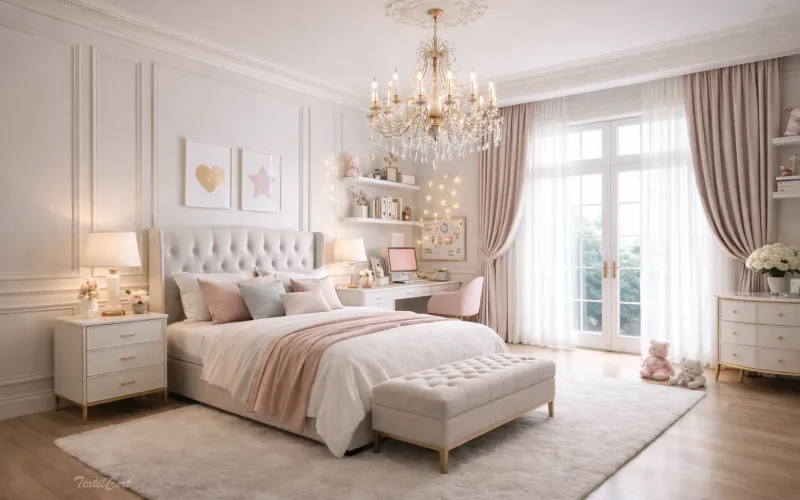 Cortinas estilo Neoclásico en dormitorio juvenil con detalles delicados y modernos – TextilCort