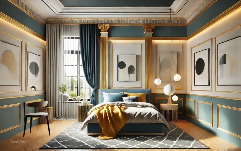 Cortinas estilo Neoclásico en dormitorio contemporáneo con detalles vibrantes – TextilCort