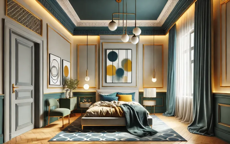 Cortinas estilo Neoclásico en dormitorio vibrante con detalles modernos – TextilCort