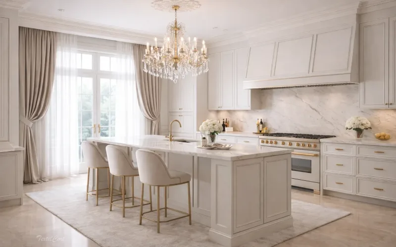 Cortinas estilo Neoclásico en cocina elegante con ventanales luminosos – TextilCort