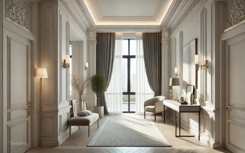 Cortinas estilo Neoclásico en sala luminosa con detalles sofisticados – TextilCort