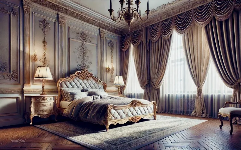Cortinas estilo Neoclásico en dormitorio de lujo con detalles ornamentales – TextilCort