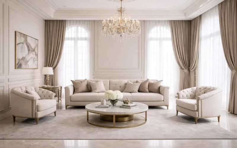 Cortinas estilo Neoclásico en salón luminoso y elegante con ventanales – TextilCort