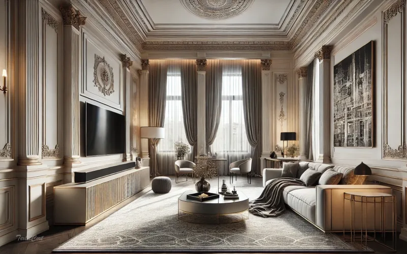 Cortinas estilo Neoclásico en salón contemporáneo con detalles arquitectónicos – TextilCort