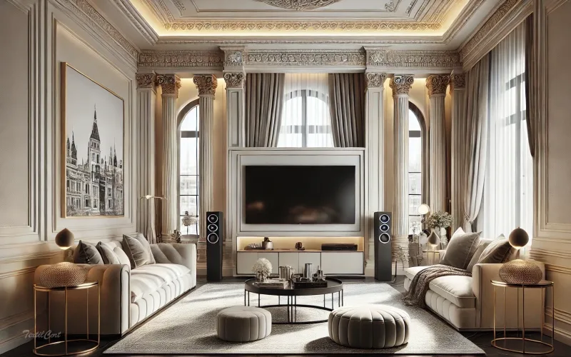 Cortinas estilo Neoclásico en salón moderno con detalles arquitectónicos clásicos – TextilCort
