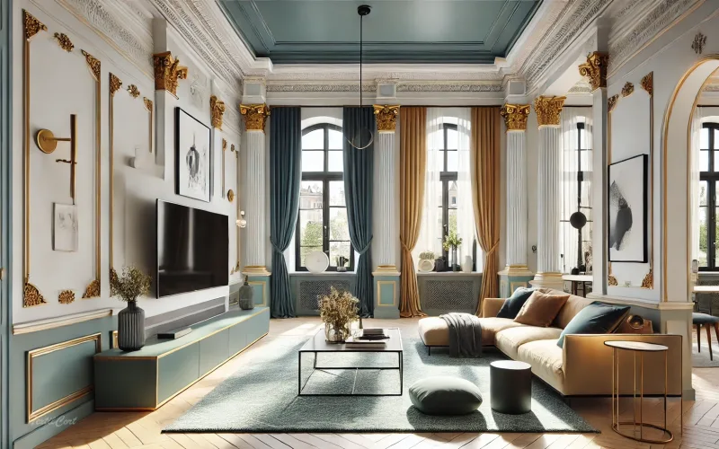 Salón estilo neoclásico con estores enrollables