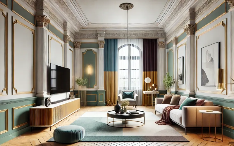 Cortinas estilo Neoclásico en salón moderno con detalles de colores vibrantes y elegantes – TextilCort