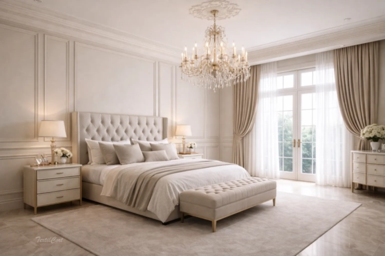 Cortinas estilo Neoclásico en dormitorio elegante con detalles sofisticados – TextilCort