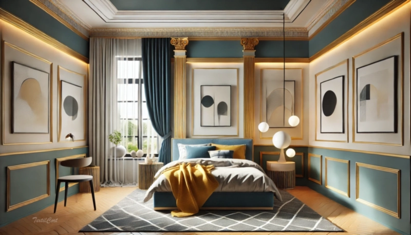 Cortinas estilo Neoclásico en dormitorio contemporáneo con detalles vibrantes – TextilCort