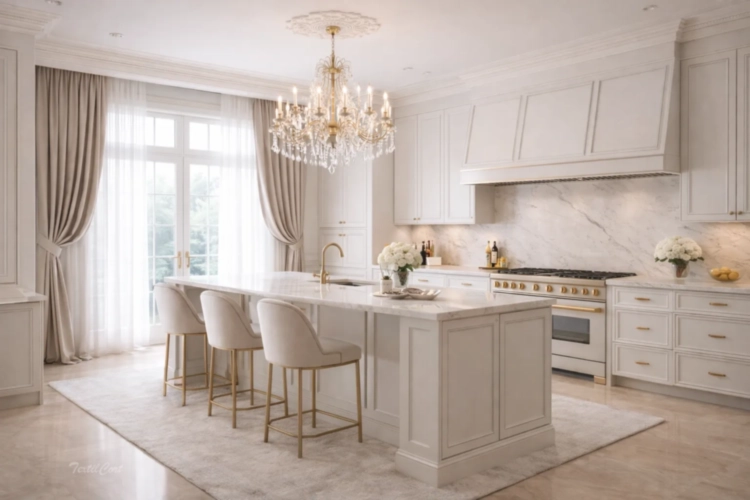 Cortinas estilo Neoclásico en cocina elegante con ventanales luminosos – TextilCort