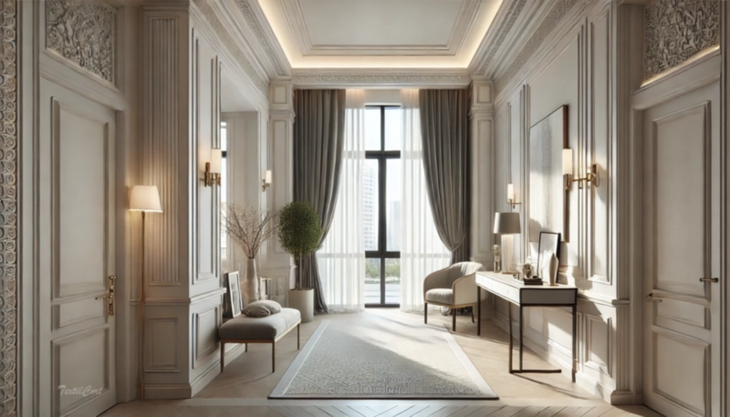 Cortinas estilo Neoclásico en sala luminosa con detalles sofisticados – TextilCort