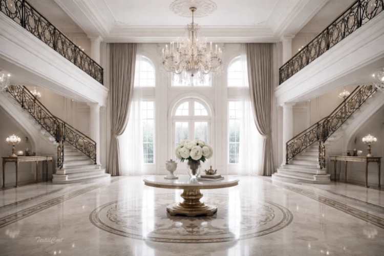 Cortinas estilo Neoclásico en salón luminoso con ventanales y escalinata elegante – TextilCort