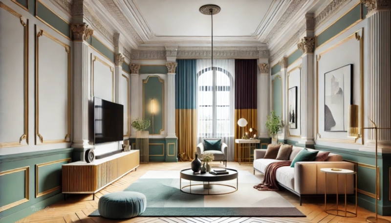 Cortinas estilo Neoclásico en salón moderno con detalles de colores vibrantes y elegantes – TextilCort
