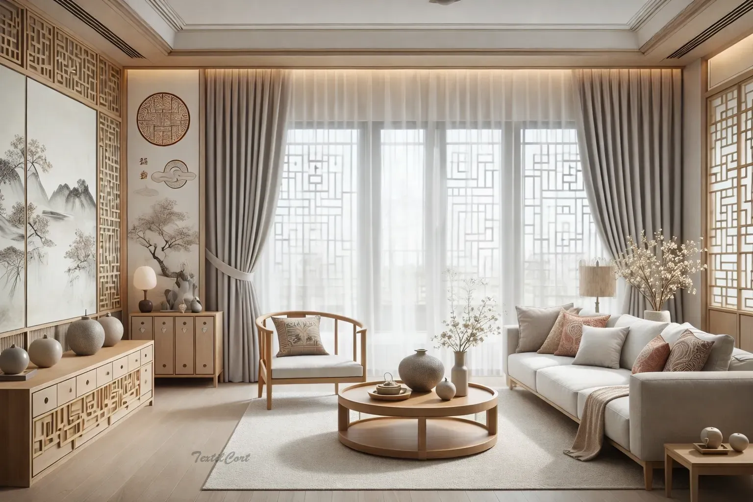 Cortinas estilo chino contemporáneo en salón luminoso de líneas elegantes y equilibrio natural