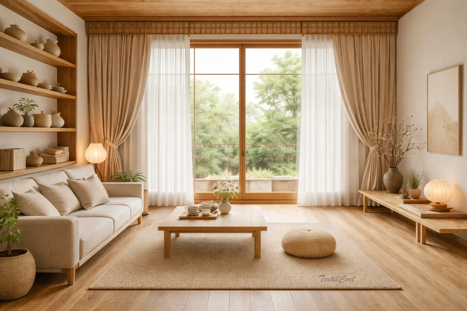 Cortinas estilo coreano en salón minimalista de madera natural y luz serena