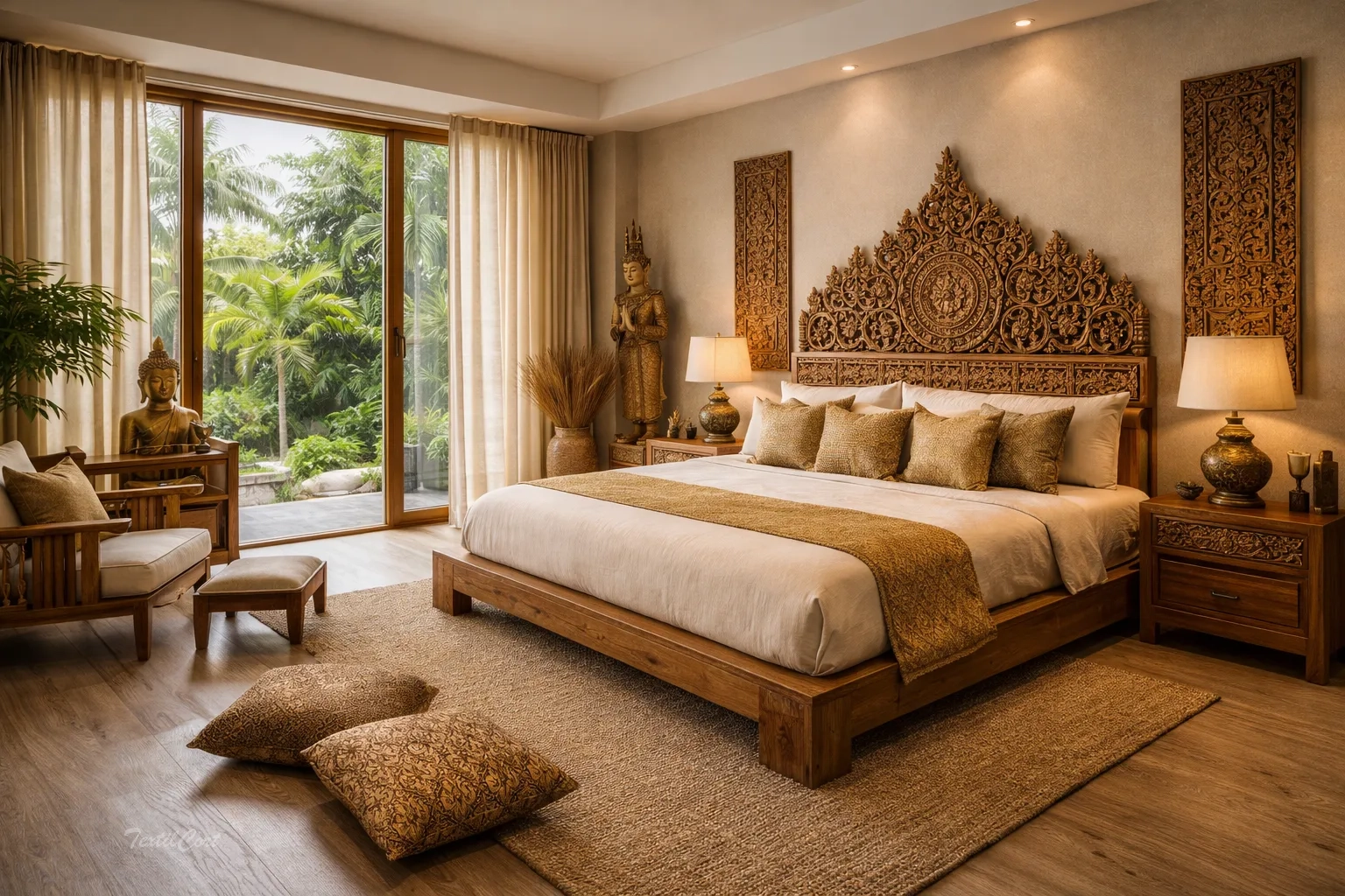 Cortinas estilo oriental moderno en dormitorio con detalles budistas y ambiente cálido