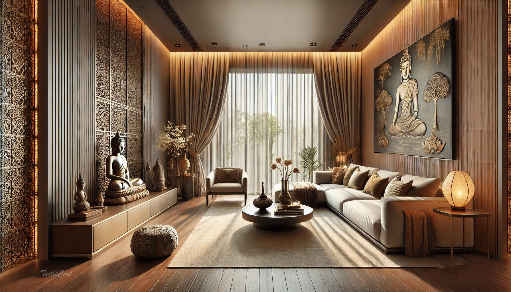 Cortinas estilo oriental moderno en salón con detalles budistas y ambientes serenos