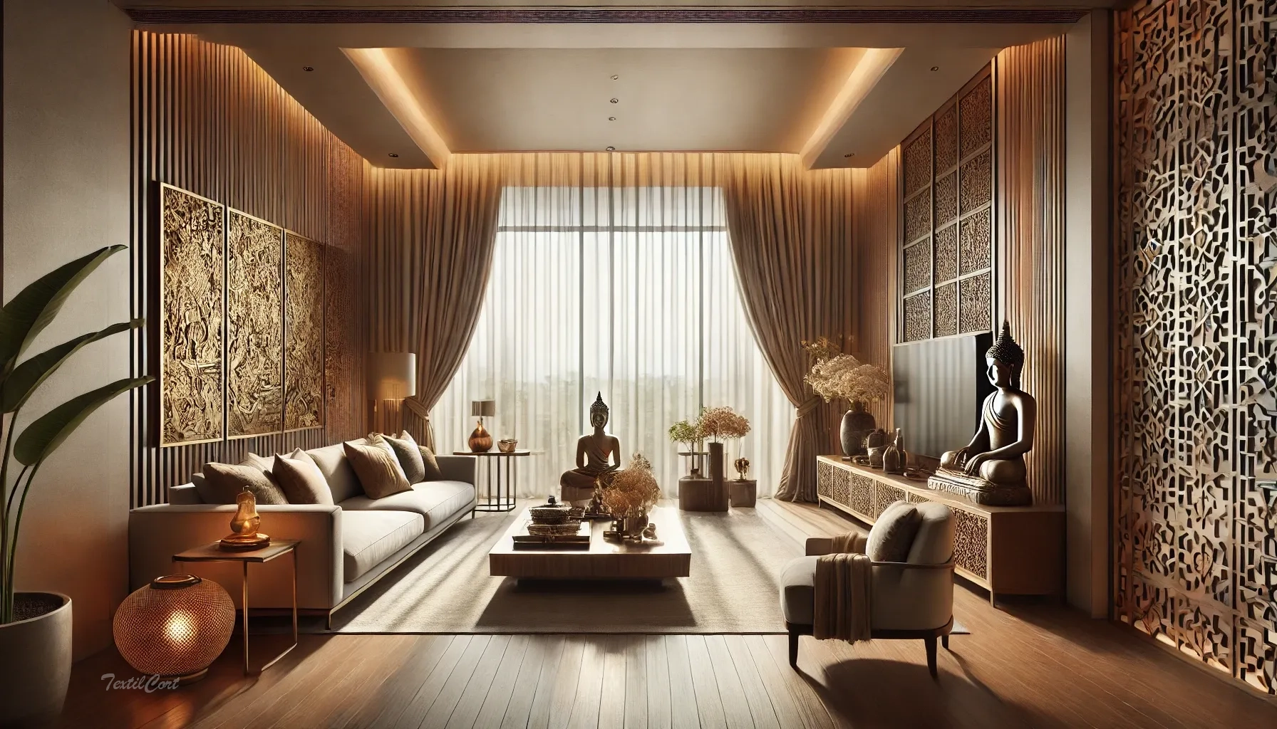 Cortinas estilo oriental moderno en salón sofisticado con arte budista y elementos naturales
