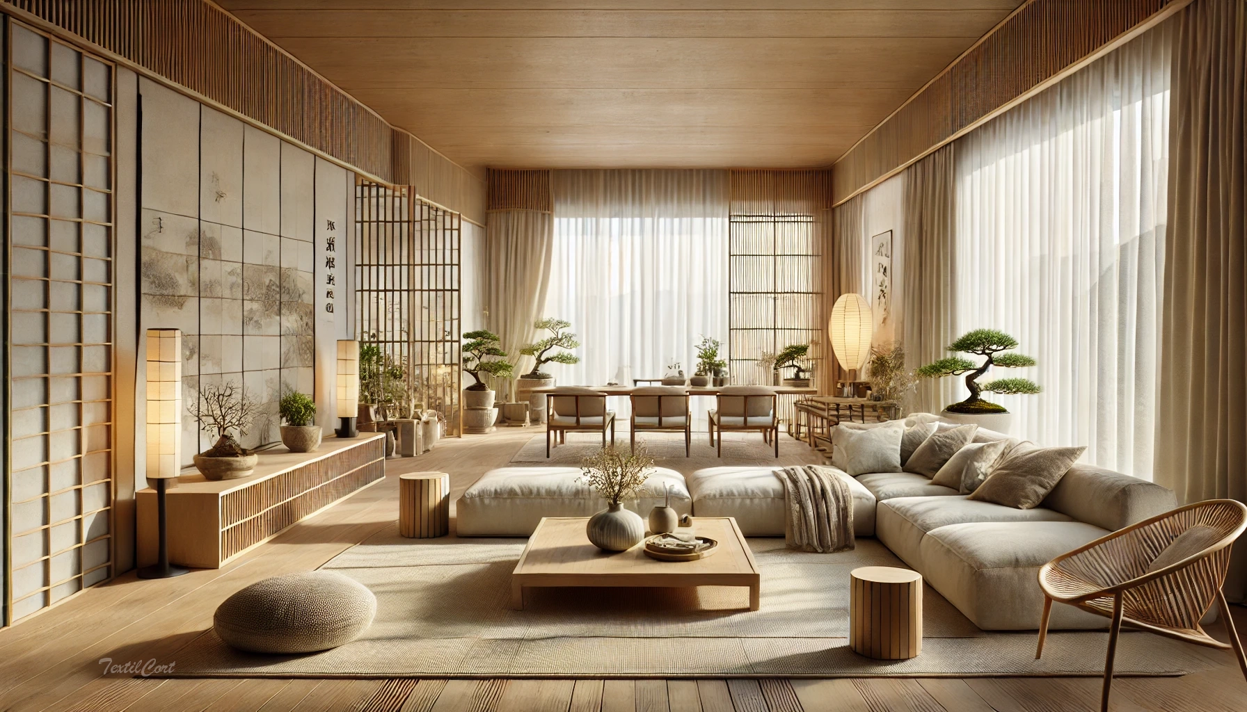 Cortinas estilo oriental moderno en salón abierto con influencias zen y minimalismo natural