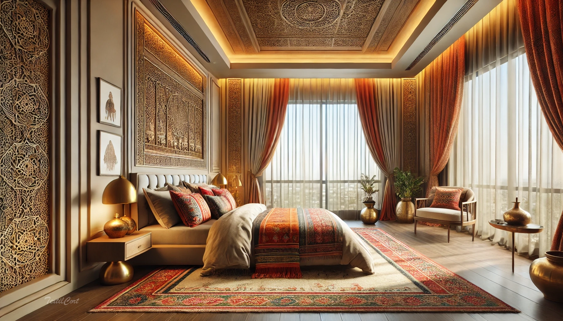 Cortinas estilo oriental moderno en dormitorio con detalles árabes y colores cálidos