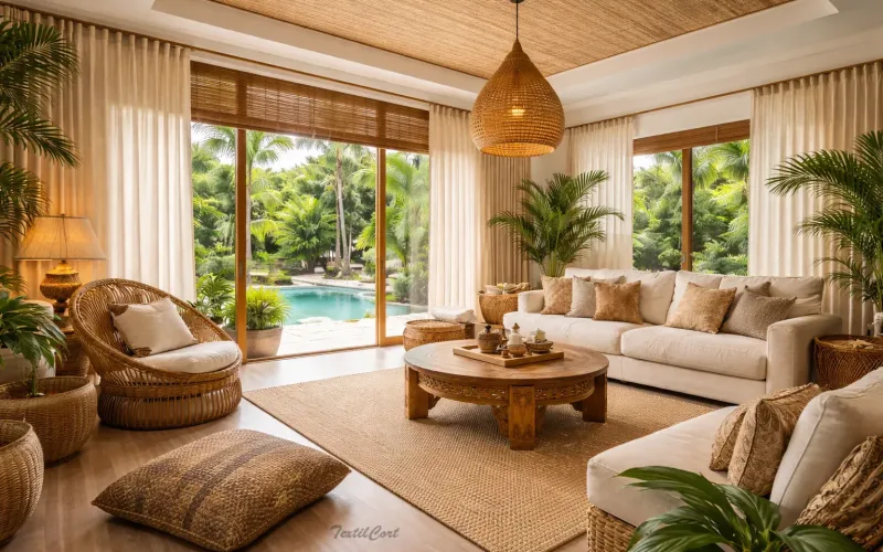 Interior de estilo oriental con cortinas ligeras y luz natural