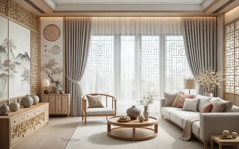 Cortinas estilo chino contemporáneo en salón luminoso de líneas elegantes y equilibrio natural