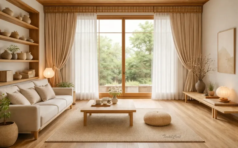 Cortinas estilo coreano en salón minimalista de madera natural y luz serena