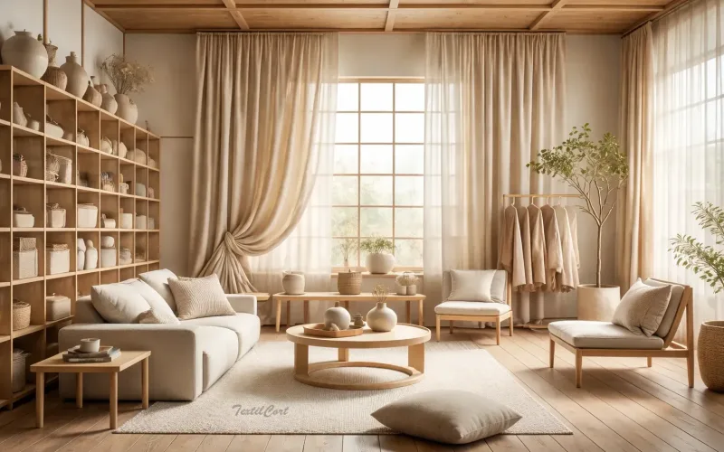 Ambiente salón decorativo con cortinas de estilo oriental japandi