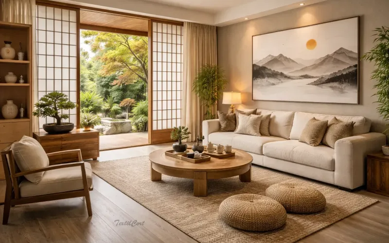 Ambiente salón decorativo con cortinas de estilo oriental japonés