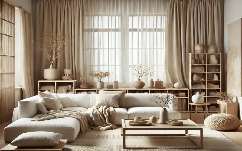 Cortinas estilo oriental moderno en salón minimalista con influencias naturales y serenas