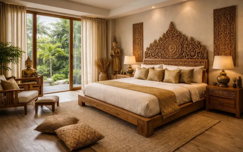 Cortinas estilo oriental moderno en dormitorio con detalles budistas y ambiente cálido
