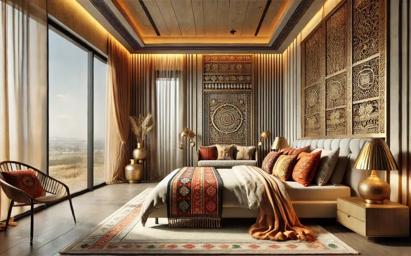 Cortinas estilo oriental moderno en dormitorio con detalles artesanales y una paleta de colores cálidos