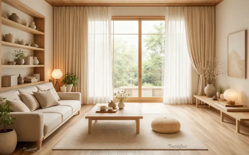 Cortinas estilo oriental moderno en salón luminoso con diseño minimalista y conexión natural