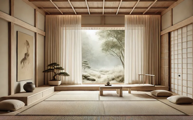 Cortinas estilo oriental tradicional en salón zen con diseño minimalista y conexión con la naturaleza