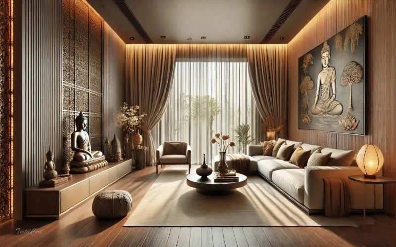 Cortinas estilo oriental moderno en salón con detalles budistas y ambientes serenos