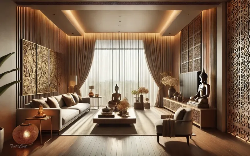 Cortinas estilo oriental moderno en salón sofisticado con arte budista y elementos naturales