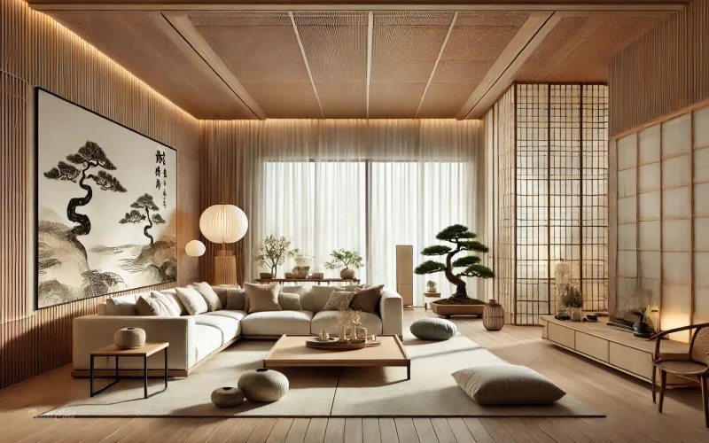 Cortinas estilo oriental moderno en salón luminoso con elementos naturales y arte tradicional
