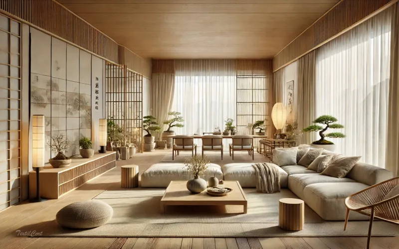 Cortinas estilo oriental moderno en salón abierto con influencias zen y minimalismo natural