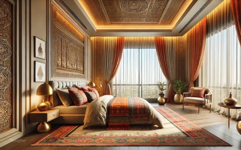 Cortinas estilo oriental moderno en dormitorio con detalles árabes y colores cálidos