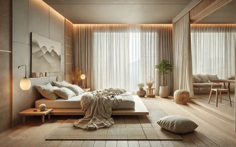 Cortinas estilo oriental moderno en dormitorio zen con estética minimalista y serenidad natural