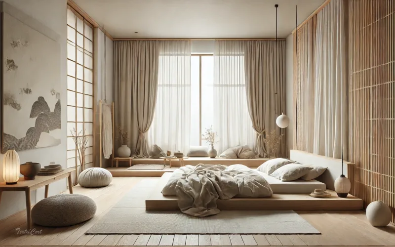 Cortinas estilo oriental moderno en dormitorio minimalista con enfoque zen y conexión natural
