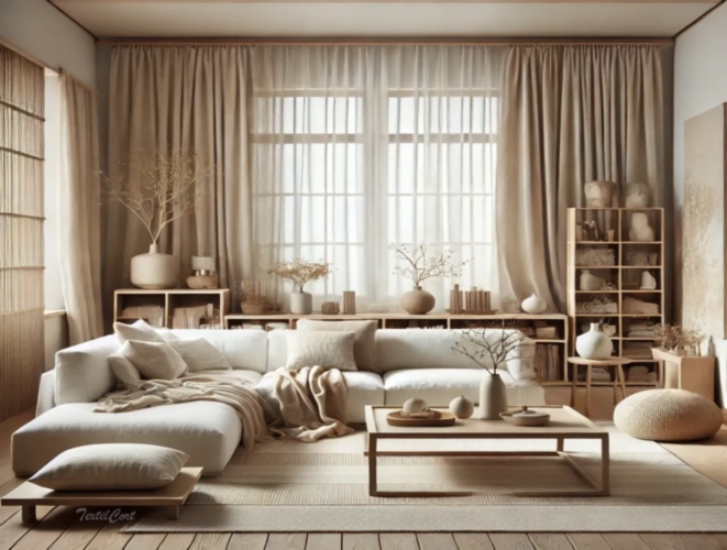 Cortinas estilo oriental moderno en salón minimalista con influencias naturales y serenas – TextilCort