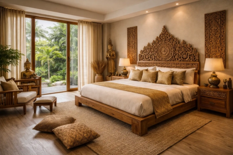 Cortinas estilo oriental moderno en dormitorio con detalles budistas y ambiente cálido – TextilCort