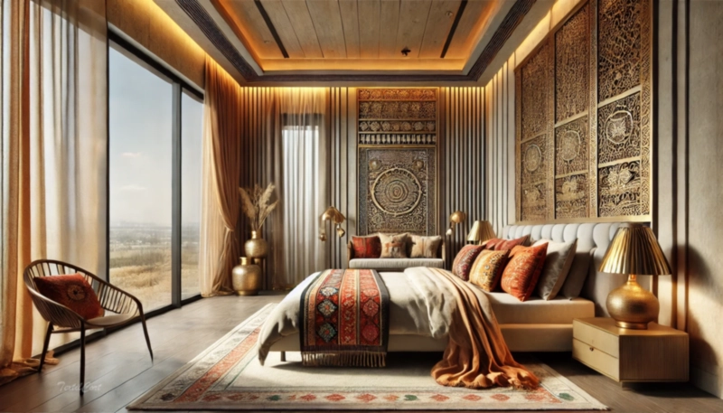 Cortinas estilo oriental moderno en dormitorio con detalles artesanales y una paleta de colores cálidos – TextilCort