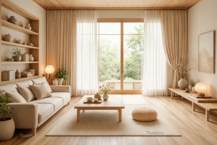 Cortinas estilo oriental moderno en salón luminoso con diseño minimalista y conexión natural – TextilCort