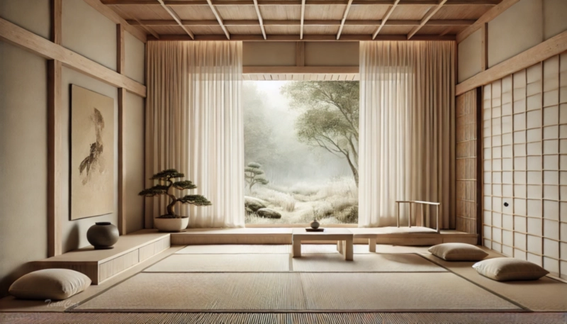 Cortinas estilo oriental tradicional en salón zen con diseño minimalista y conexión con la naturaleza – TextilCort