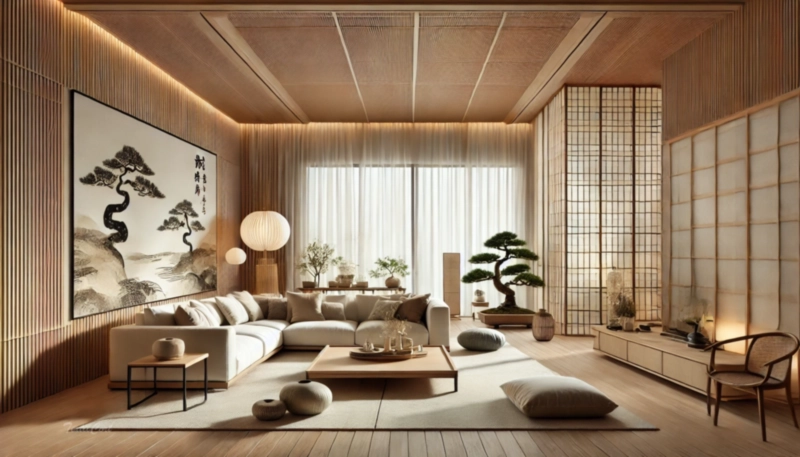 Cortinas estilo oriental moderno en salón luminoso con elementos naturales y arte tradicional – TextilCort