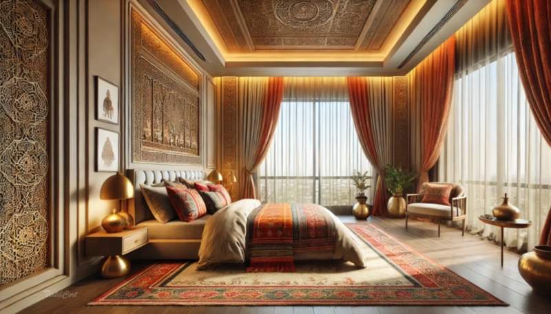 Cortinas estilo oriental moderno en dormitorio con detalles árabes y colores cálidos – TextilCort