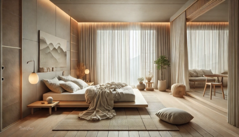 Cortinas estilo oriental moderno en dormitorio zen con estética minimalista y serenidad natural – TextilCort