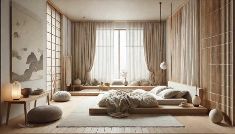 Cortinas estilo oriental moderno en dormitorio minimalista con enfoque zen y conexión natural – TextilCort